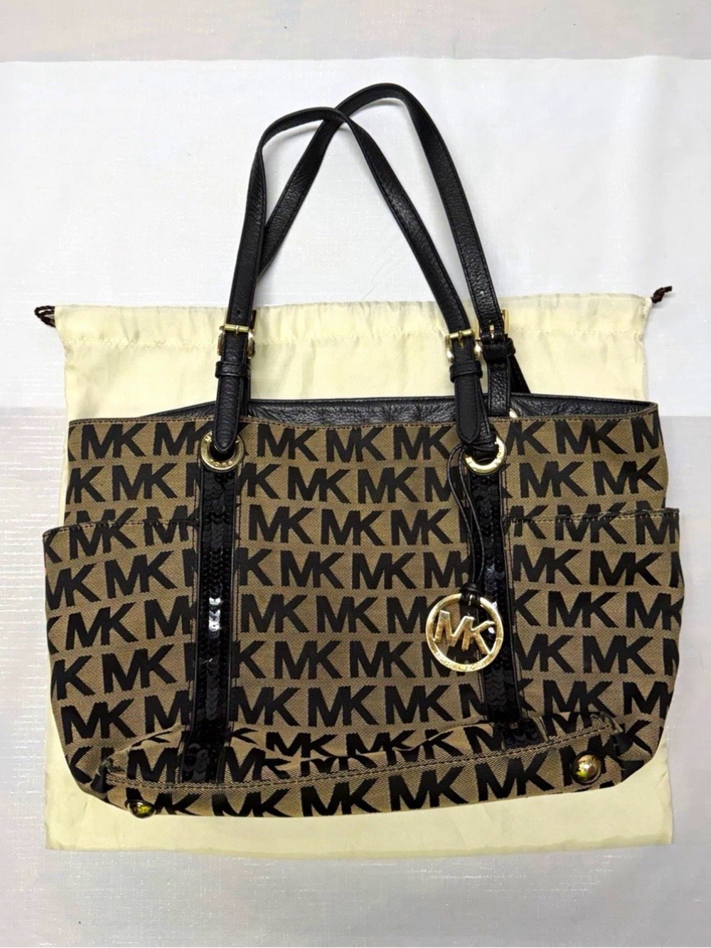 Michael Kors Brown and Black MK Logo Tote with Gold Accent